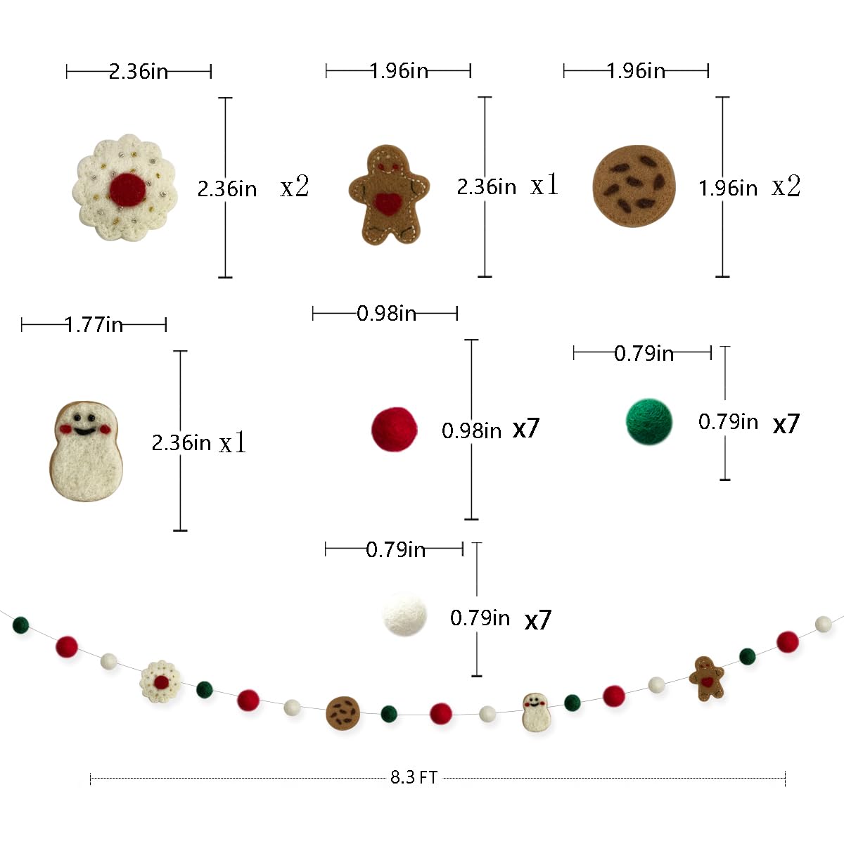 Wool Felt Christmas Decorations Clearance Garland Red Green White Wool Felt Balls Pom Pom Garland Gingerbread Man Snowman Banner Bunting for Xmas Home Fireplace Windows Indoor Outdoor Christmas Decor