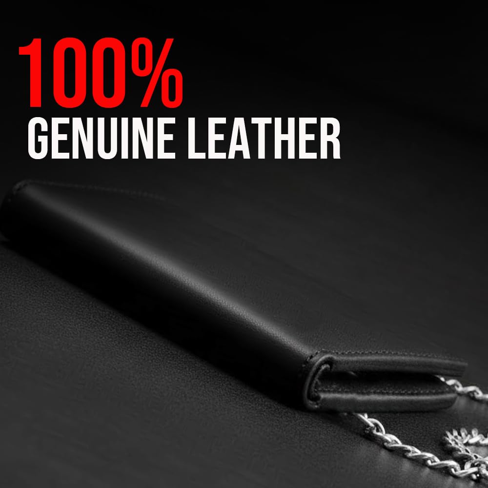 CLASSIC Motorcycle Chain Wallet for Men – Premium Cowhide Leather, RFID Bi-Fold Biker Wallet with Heavy Duty Chain for Bikers Truckers & Hunters, Credit Card Money Organizer Long Wallet Aniline Black
