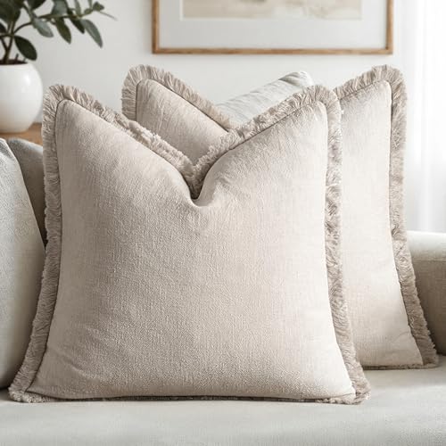 MIULEE Christmas Decorative Throw Pillow Covers Neutral Linen Fringe Fall Throw Pillows Set of 2 Natural Beige Boho Farmhouse Cushion Covers with Tassels for Couch Sofa Bed Home Decor 20x20 Inch