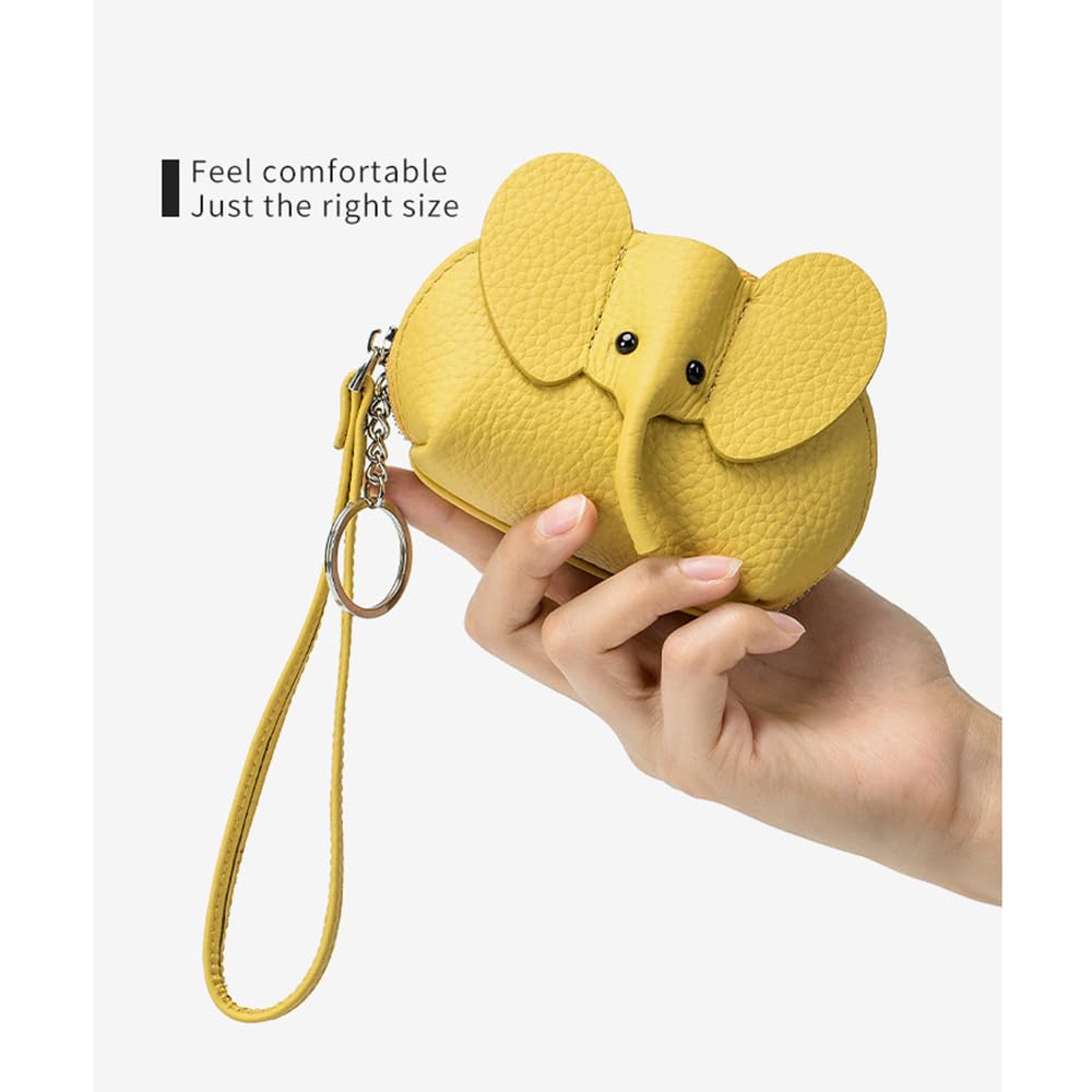 Cute Elephant Coin Purse, Small Leather Change Pouch Wallet for Women Cartoon Money Bag with Key Chain and Wrist Strap (Elephant Grey)