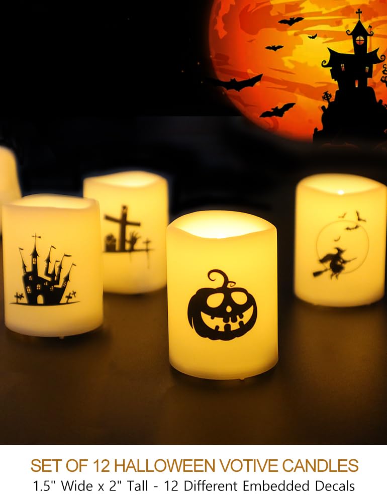 HOME MOST Set of 12 Halloween Votive Candles Battery Operated (White Body, Warm White Flicker) - Flameless Unscented Candles with Halloween Decals - LED Flickering Flameless Votive Candle