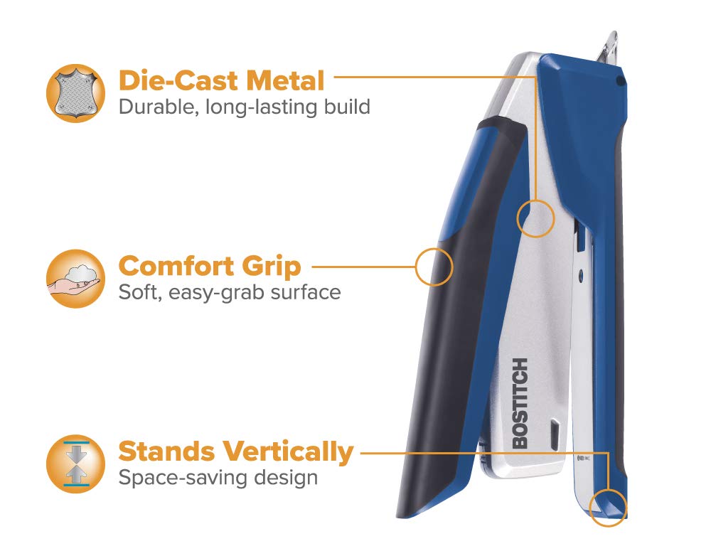 Bostitch Office InPower Spring-Powered Premium Desktop Stapler - One Finger, No Effort, Blue/Silver (1118)