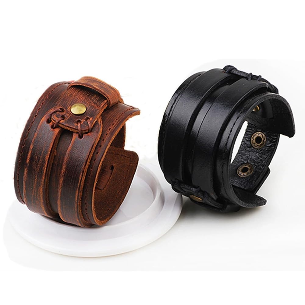CALFOVERA Brown Punk Genuine Leather Wrap Wristband Gothic Wide Cowhide Leather Cuff Bracelet Adjustable Handmad Bangle Arm Armor with Snap Button Clasp for Men Women Halloween Costume Party