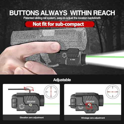 Solofish 800lm Pistol Light Laser Combo with Adjustable Rail, Shockproof Green Laser Sight and Gun Light with Strobe Function, Rechargeable