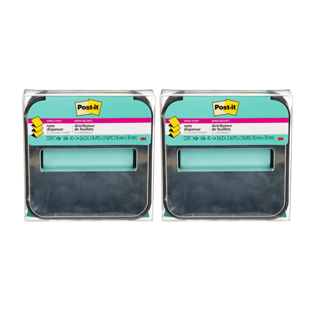 Post-it Note Dispenser with Post-it Pop-up Notes, Black Base with Steel Top, 1 Aqua Splash 3 in. x 3 in. Super Sticky Note Pad, Classroom or Office Supplies - 2 Pack