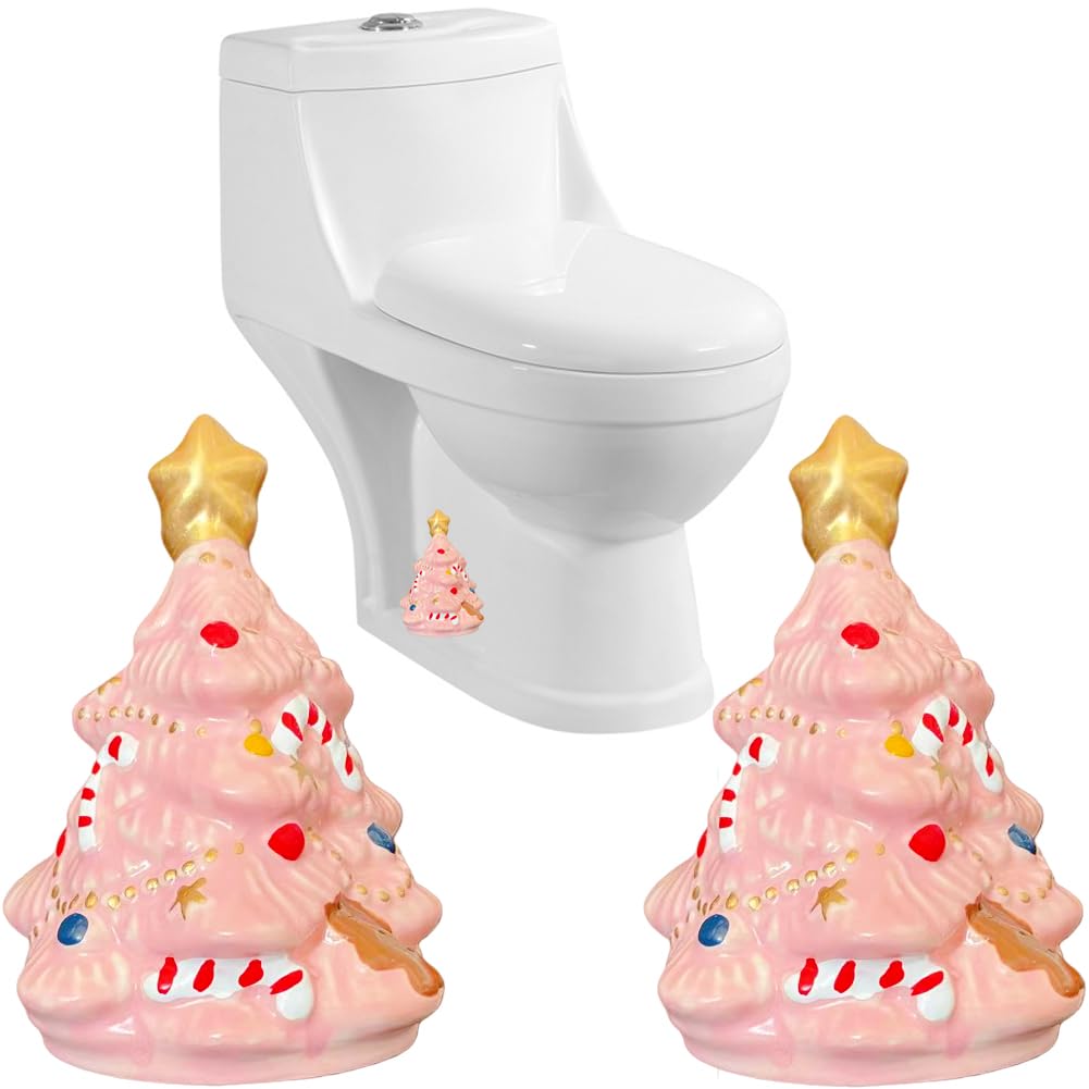 2Packs Christmas Tree Toilet Bolt Covers Decorative Tall Toilet Bolt Caps for Christmas Bathroom Decor, Toilet Caps for Bottom of Toilet, Ceramic Toilet Screw Cover Caps, Easy Installation (Pink)