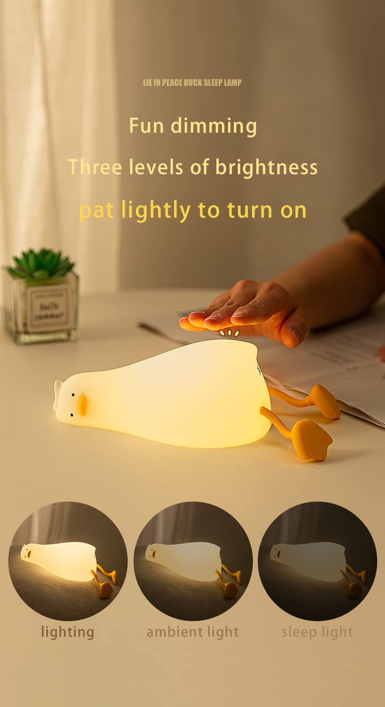 gofuch Lying Flat Duck Night Light with Timer, 3-Level Dimmable USB Rechargeable Bedside Lamp, Soothing Nursery Decor Gift for Kids, Boys, Girls, Teens