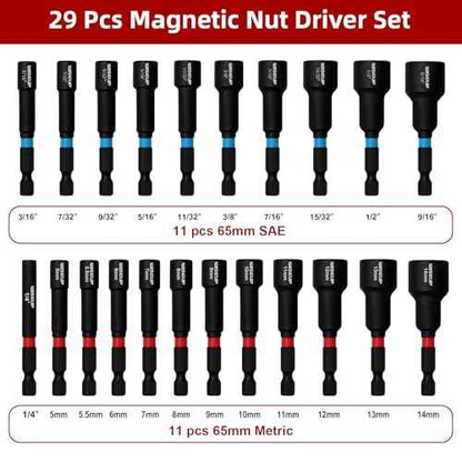 WISEUP 29PCS Magnetic Nut Driver Set£¬Impact Drill Driver Bit Set & 1/4" Hex Shank£¬Cr-V Steel SAE & Metric Power Nut Drivers£¬Includes Magnetic Bit Holder, Quick Release Extension with Storage Bag