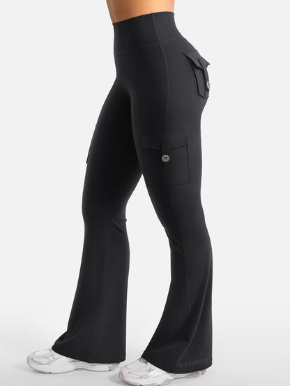 YEOREO CoreFlex Women Workout Flare Leggings with Pockets Hidden Scrunch High Waisted Cargo Gym Yoga Leggings Black XXL