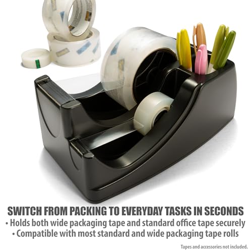 Officemate Recycled 2-in-1 Heavy Duty Tape Dispenser, 1" and 3" Cores, Black (96690)