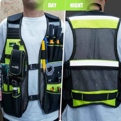 MELOTOUGH Tool Vest Reflective Safety Tool Vest with Removable Phone Holder,Retractable Pen Holder for Electrician,Carpenters,Construction(Lime)