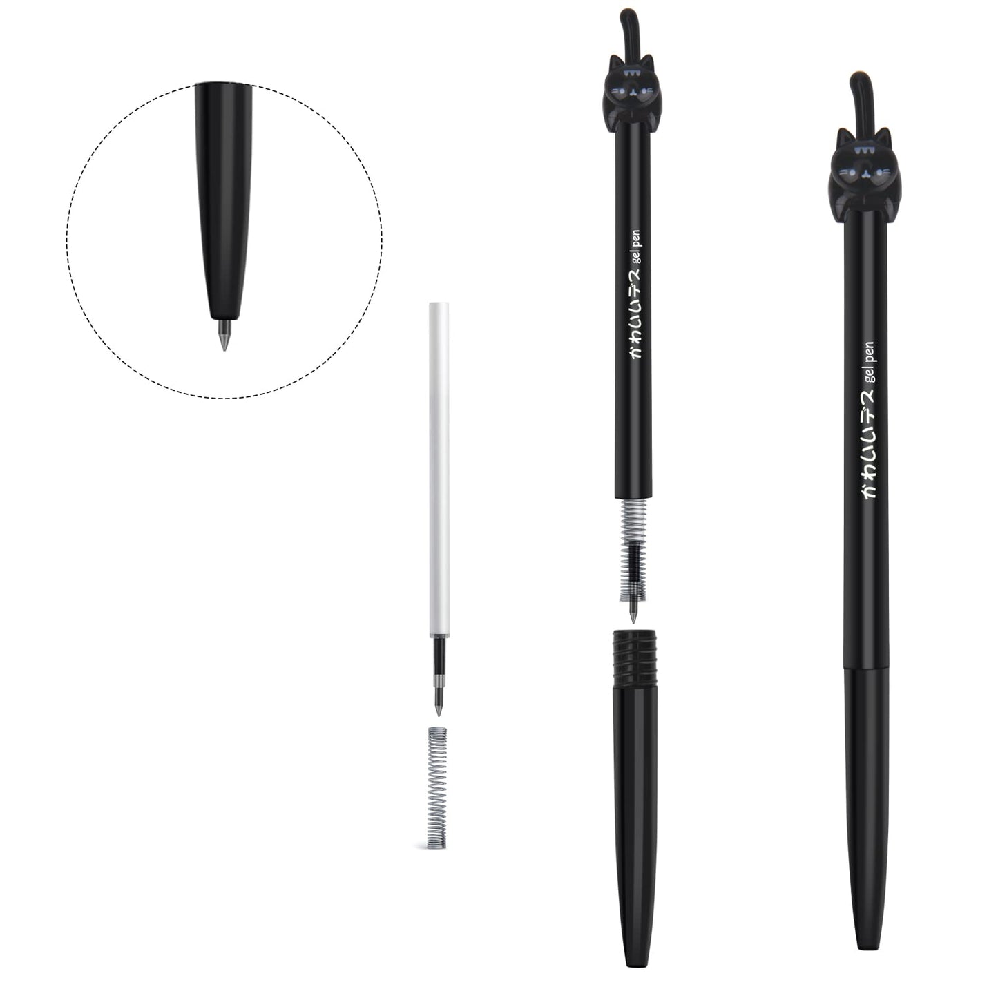 RECHENG retractable cat gel pens,Fine Point 0.5mm black ink,Cute kitty fun ball point pens for girls School Office Supplies,12pcs fun pens.