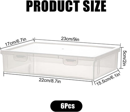 Odowalker 6 Pcs Clear Plastic Storage Box with Flap Lid, 9 x 6.7 x 2 Inch Art Supply Rectangular Containers Case, Multipurpose Craft Organizers for Notebooks, Beads, Pencils, Ornaments Accessories