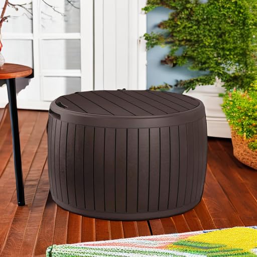 Keter Outdoor Storage Deck Box, 37 Gallon Waterproof Patio Table Bin, Circa, Brown