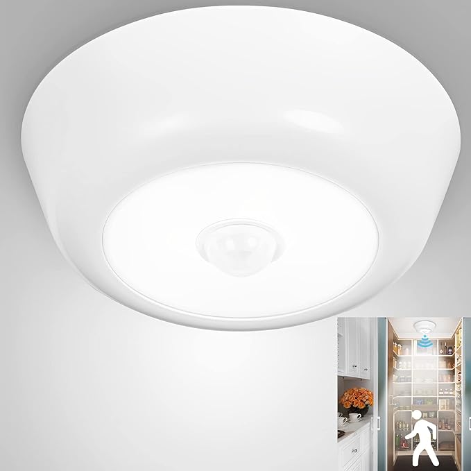 DLLT Battery Operated Motion Sensor Light Indoor, Battery Powered Ceiling Light with 300LM, 5000K, 5.9 inch Wireless Ceiling Light for Closet Stair Hallway Shower Shed Garage Pantry Basement