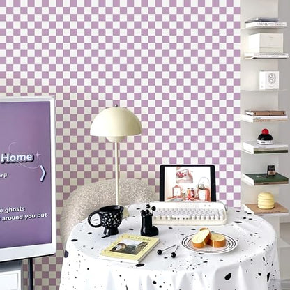 CAX Mosaic Wallpaper Purple and White Peel and Stick Wallpaper 17.3''x120'' Checkered Contact Paper Modern Self-Adhesive Removable Wallpaper Checkerboard Waterproof Wall Paper Bedroom,Living Room