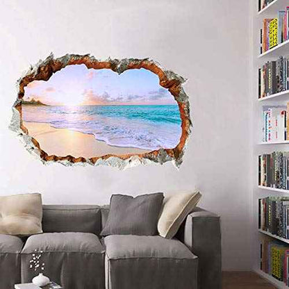 3D Broken Wall Removable Sunny Beach Wall Stickers for Bedroom Living Room Study TV Background Decoration