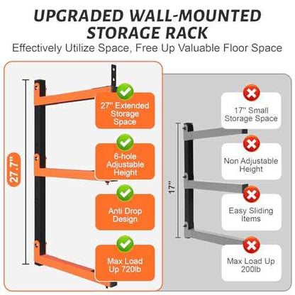 27" Lengthened Lumber Storage Rack Wall Mount, 6-Hole Adjustable Wood Organizer Folding Lumber Storage Metal Rack Outdoor Indoor (2 Pack)
