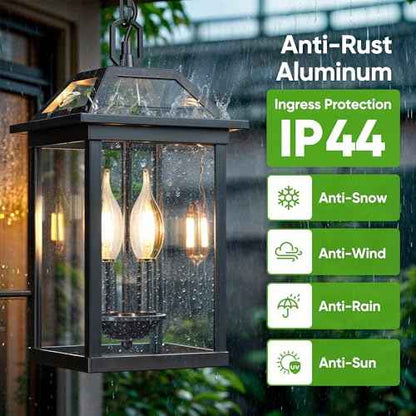 WIHTU Large Outdoor Pendant Light with 2 Bulbs, 14.96" Modern Hanging Lantern Ceiling Mount, Waterproof Outside Chandelier Exterior Hanging Fixture with Tempered Glass for Porch