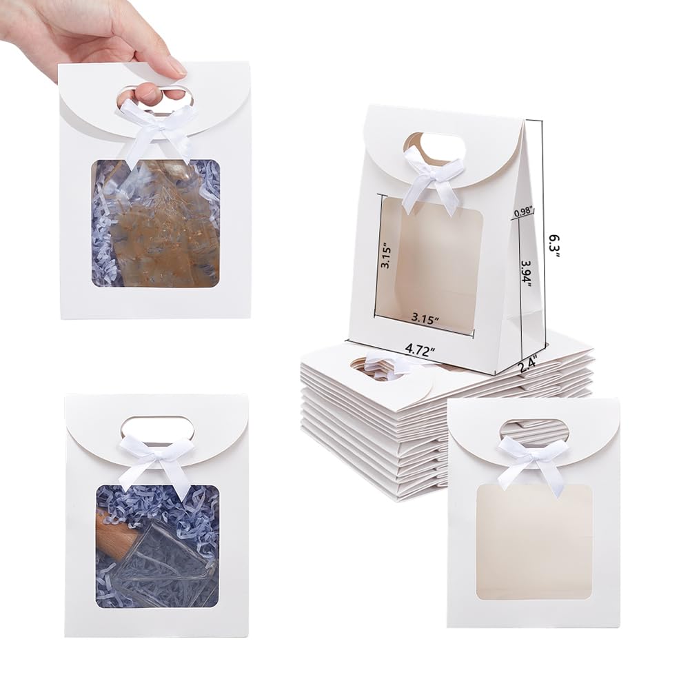 NBEADS 24 Pcs Small White Kraft Paper Bags with Window, 6.3x4.72x2.44inch Stand Up Gift Bag with Handles and Bowknot for Cookies Packaging Wedding Christmas Party Store Retail