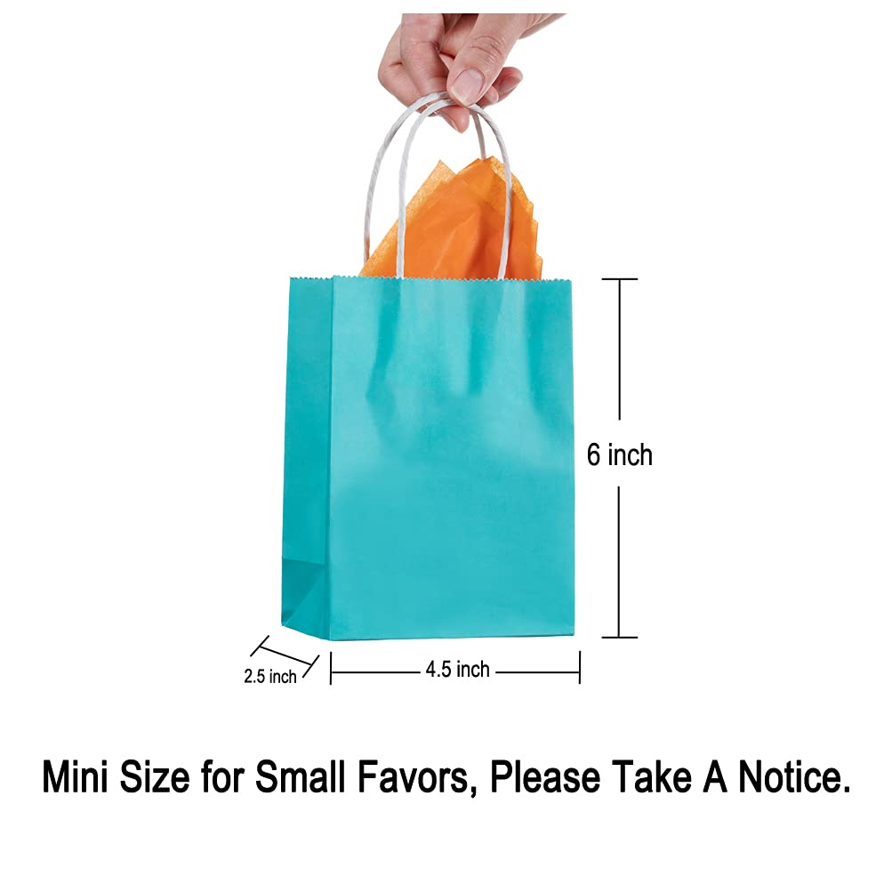AWELL Mini Size Turquoise Blue Paper Bag with Handle Bulk Party Favor Bag 6x4.5x2.5 inch for Graduation Baby Shower Birthday Christmas Recycled Bag, 50 Counts