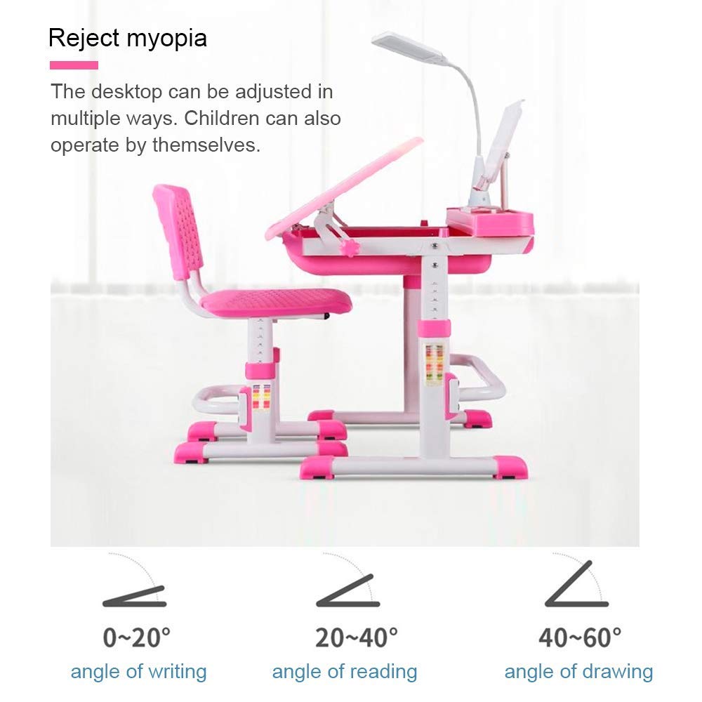 LVYUAN Kids Functional Desk and Chair Set, Ergonomic Height Adjustable Children School Study Desk with Tilt Desktop, Book Stand, LED Light, Metal Hook and Storage Drawer for Boys Girls(Pink)