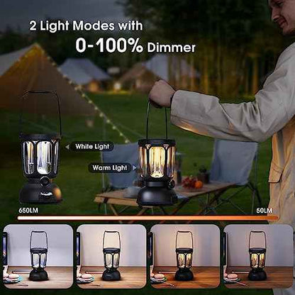Mesqool Camping Lantern Rechargeable Battery 6000mAh, 650LM LED Lanterns for Power Outages Emergency Hurricane, Solar Hand Crank Lantern for 200 Hours