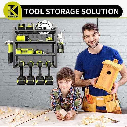 KAFAHOM Power Tool Organizer,4 Layer Drill Holders Wall Mount,Heavy Duty Metal Organizers and Storage Rack for Garage Organization,Tools Shelves with Screwdriver Plier/Hammer Holder, Black