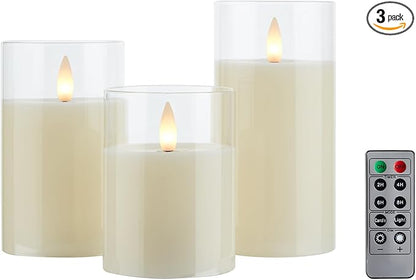 Glass Flameless Pillar Candles Flickering with Remote Timer, Battery Operated LED 3D Moving Flame Real Wax Candles,Remote Included (Ivorywhite)