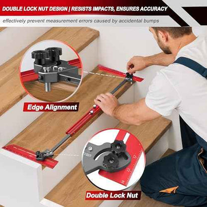 Portable Stair Tread Template Tool, Simple Assembly Stair Measuring Tool, Adjustable Bar Length from 23" to 64.2", Precision Stair Tread Jig with Dual Knobs and Stop Pins, 14" Pivoting Scale