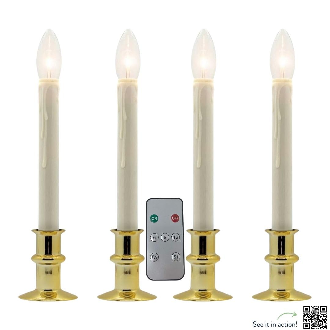 Celestial Lights Set of Four Battery Operated Remote Programmable Window Hugger Candle for Narrow Window Sills Daily Timer Choose 6, 8, or 10 Hours Flicker or Steady (Brass)