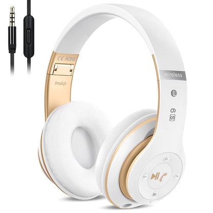 6S Wireless Bluetooth Headphones Over Ear, Hi-Fi Stereo Foldable Wireless Stereo Headsets Earbuds with Built-in Mic, Volume Control, FM for iPhone/Samsung/iPad/PC (White & Gold)