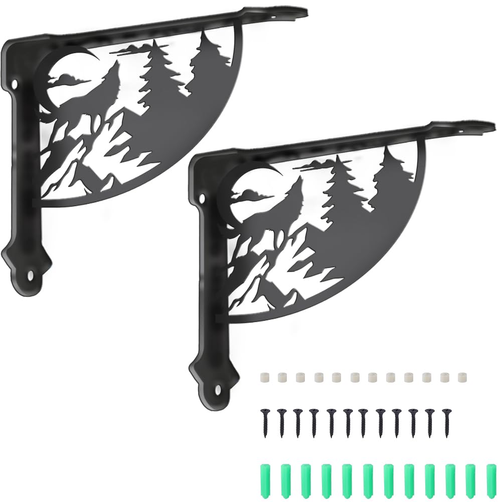 PRESSINART 2Pcs Ornamental Shelf Support Brackets 6.77 x 8.27 x 0.08 Inch Forest Shelf Brackets Black Wolf Tree Iron Wall Mount Ornate Right Angle Rustic Style Holder for Kitchen Bedroom Decoration