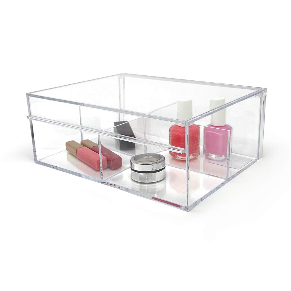 Isaac Jacobs 4-Compartment Clear Acrylic Organizer with Lid (6.7" L x 8.6" W x 3.4" H), Multi-Sectional Tray & Storage Solution for Makeup, School & Office Supplies & More, for Bathroom, Kitchen