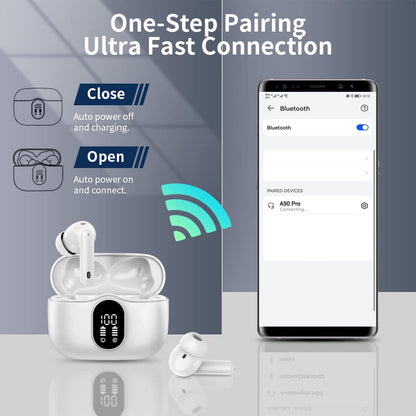 Btootos Wireless Earbuds Bluetooth 5.4 Headphones Bass Stereo Ear Buds with Noise Cancelling Mic LED Display in Ear Earphones IP7 Waterproof 36H Playtime for Laptop Pad Phones Sports Workout White