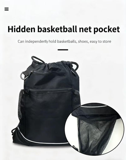 SSZYace Drawstring Basketball Backpack for Boys, Foldable Soccer Backpack with Detachable Ball Mesh Bag for Football Volleyball Baseball, Black