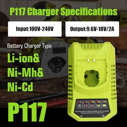 2-Pack 8000mAh P108 Battery Replacement for Ryobi 18V Battery Lithium ion P189 P190 P109 P107 P105 P104 P103 P102 P122 and P117 Charger Compatible with Ryobi 9.6V-18V Batteries (Green)