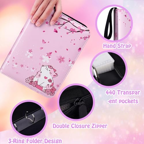 CLOKORIA Card Binder for Girls Gifts,440 Cards Collectible Trading Card Holder Case with 55 Sleeves, 4 Pocket for TCG Game Cards Collection Sports Trading Cards Collector Album (Sakura cat)