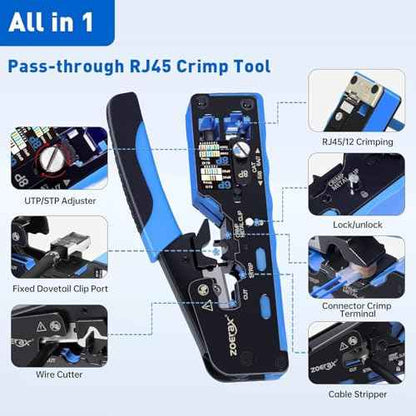 All-in-One Ethernet Crimping Tool Kit with Wire Stripper, 10xCAT7 RJ45 Pass Through Connector & 10xBoots, Storage Case Ideal for DIY/Network Installations