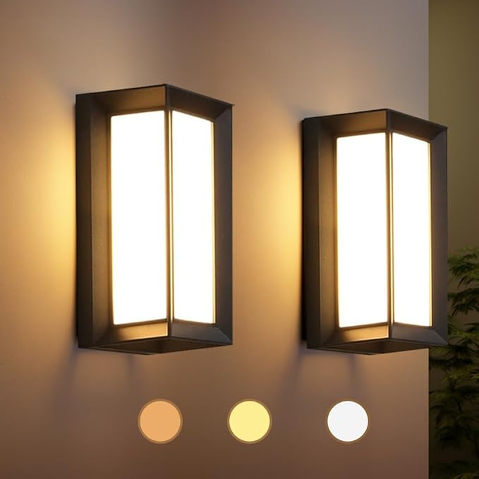 Black Modern Wall Mount Lights, IP65 Aluminum Outdoor Porch Light, 12W 3000K-6000K, 2 Pack Exterior Wall Sconces for House, Backyard, Hallway
