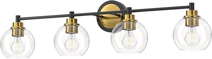VONLUCE Bathroom Light Fixtures, 4-Light Vanity Lights with Globe Glass Shades, E26 Sockets, Over Mirror for Bedroom Hallway, Black & Gold Finish