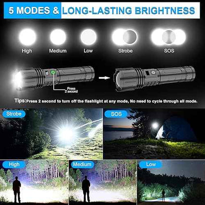 DanByte Rechargeable LED Flashlights High Lumens,1500 Meters Super Bright Tactical Flashlight with 5 Modes,Waterproof,Powerful Handheld Flash Light for Emergencies,Hurricane,Hiking,2PACK