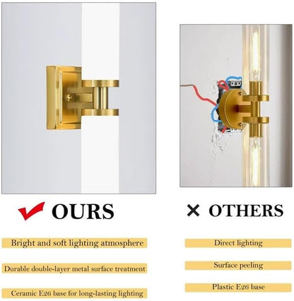 Gold Wall Sconces Set of Two, 32 Inch Bathroom Sconces with Frosted Glass, Modern Sconces Wall Light Fixtures for Bathroom Mirror Living Room Bedroom Hallway (Bulbs Not Included)