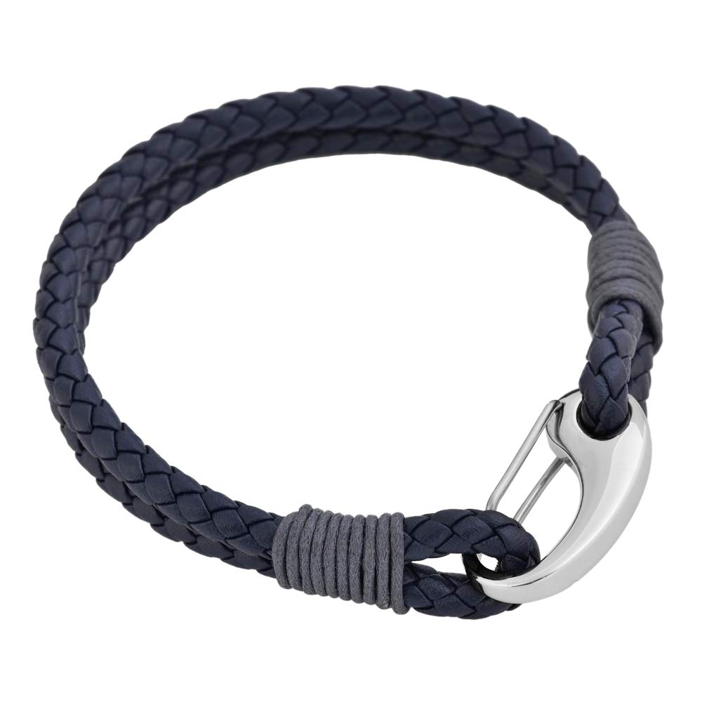 Edforce Braided Genuine Leather 2-Strand Cuff Bracelet with Stainless Steel Clasp (Prussian Blue)