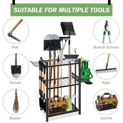 GMAK Garden Tool Organizer, Heavy Duty Garage Tool Storage Rack Utility Yard Tool Tower Rack with Large Hooks for Shed Garage Storage and Organization, for Long Handle Tools, Rake, Brooms, Shovel