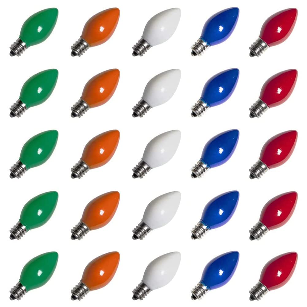 25 Pack C7 LED Multicolor Christmas Replacement Light Bulbs, C7 Multicolor Lights Bulbs for Christmas Outdoor String Lights, E12 Candelabra Base Night Light Bulbs, 0.6 Watt Saving Enengy LED Bulbs
