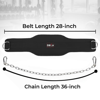 DEFY Dip Belt for Weight Lifting with 36" Steel Chain - 370 lbs weightlifting capacity - Neoprene Gym powerlifting belt for powerlifting & strength training for men & women