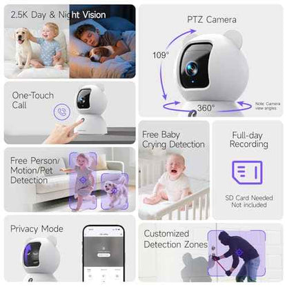 2.5K Indoor Camera 2pack, Non-Subscription AI Person/Pet/Cry Detection, 4MP Pet/Dog/Cat/Baby Camera w/Phone App, Pan Tilt 2.4GHz WiFi Cameras for Home Security, Night Vision, Full Duplex 2-Way Audio