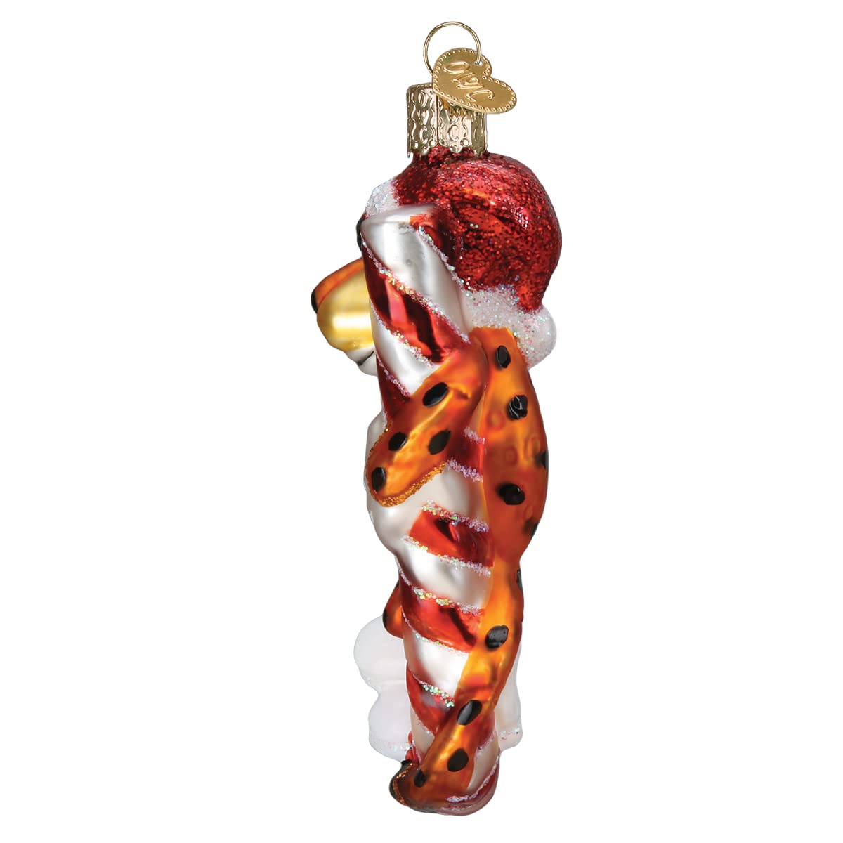 Old World Christmas Chester Cheetah on Candy Cane Glass Blown Ornament for Christmas Tree, Handcrafted Holiday Decoration, Snack Collection