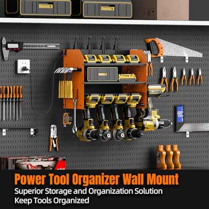 Power Tool Organizer Wall Mount, Modular Tool Storage with Charging Station, Garage 4 Drill Storage Shelf with Hooks, Hammer/Plier Holder, 8 Outlet Power Strip, Heavy Duty Rack for Workshop